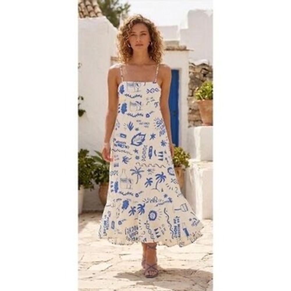 Paper Heart Women Blue Cream Mas Vino Por Favor Open Back Midi Dress Size S